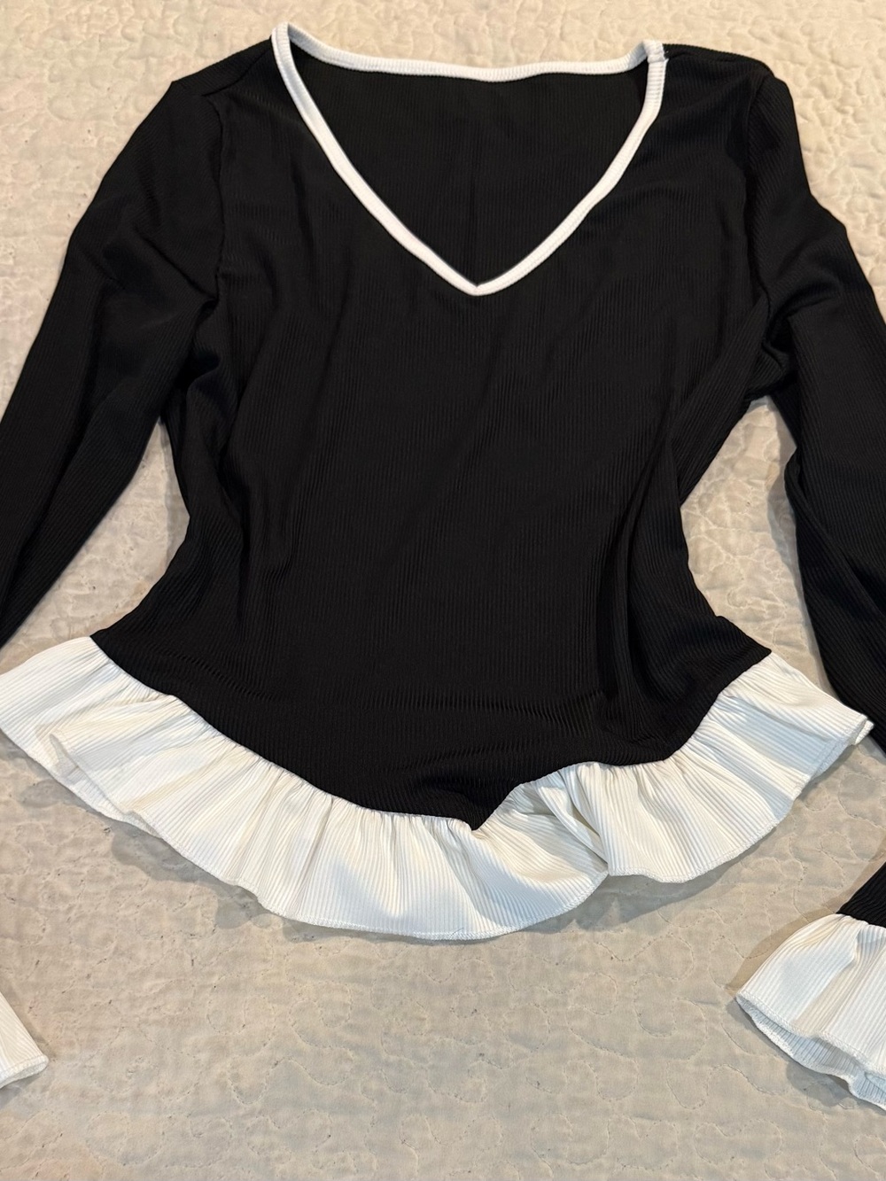 SHEIN Black Long-Sleeve V-Neck Top with White Ruffle Trim